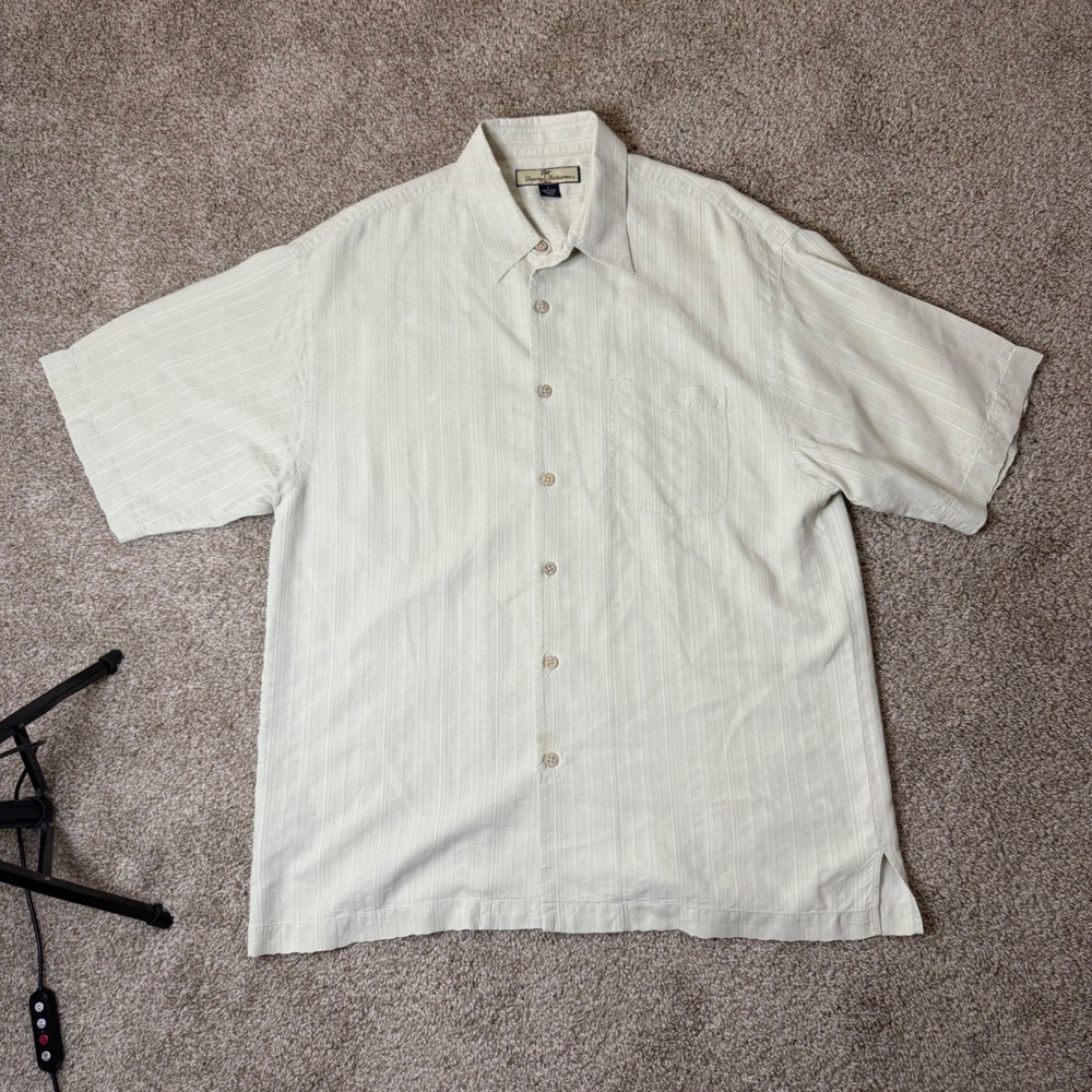 Tommy Bahama Button Down Mens Large Ivory 100% Silk Short Sleeve Textured Stripe